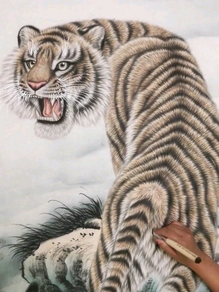 老虎上山则遨游三山五岳,寓意平安无事,顺风步步登高.国画:上山虎